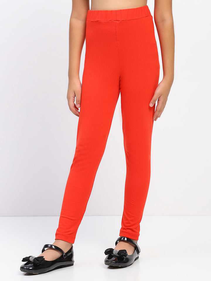 Girls Solid Red Cotton Leggings
