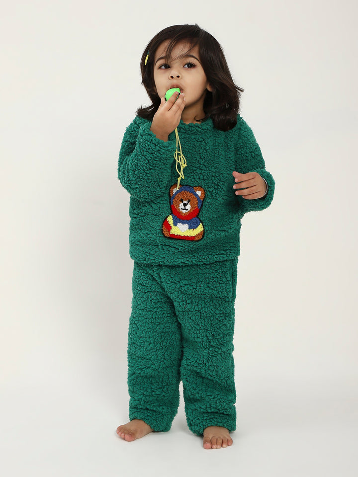 Green Teddy Embroidered Winter Fleece Co-ord Set for Kids