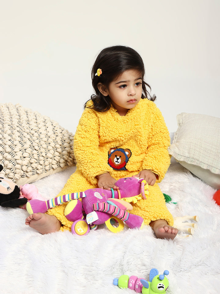 Yellow Teddy Embroidered Winter Fleece Co-ord Set for Kids