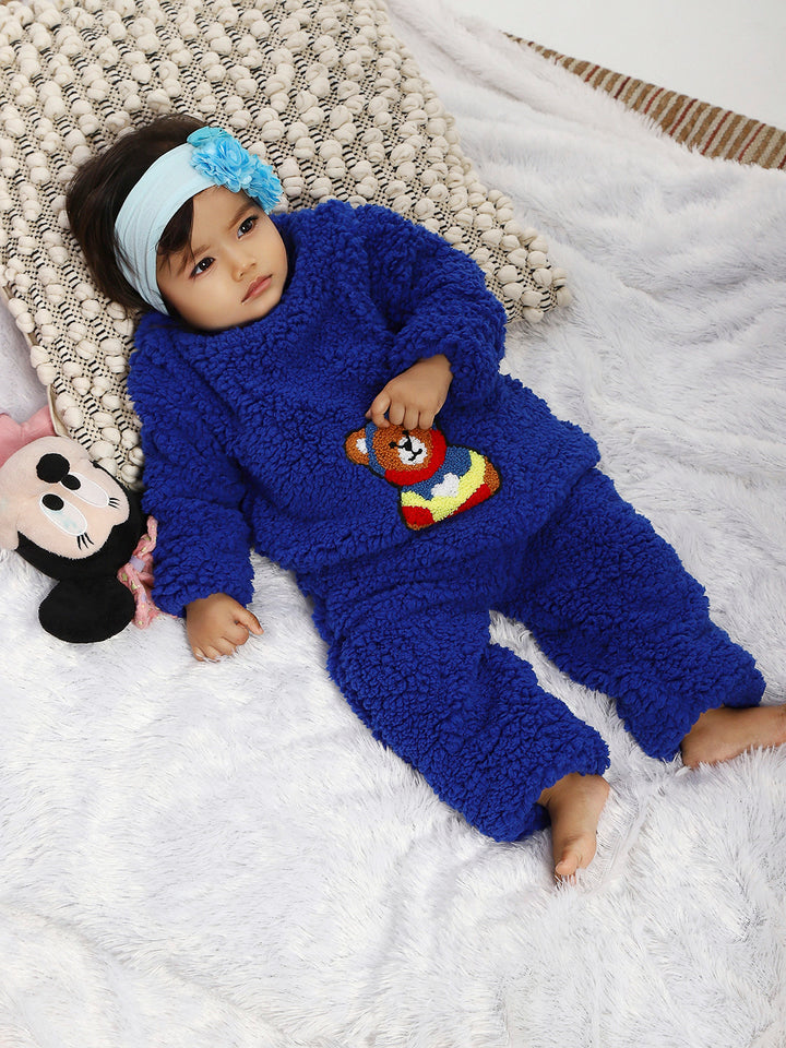 Blue Teddy Embroidered Winter Fleece Co-ord Set for Kids