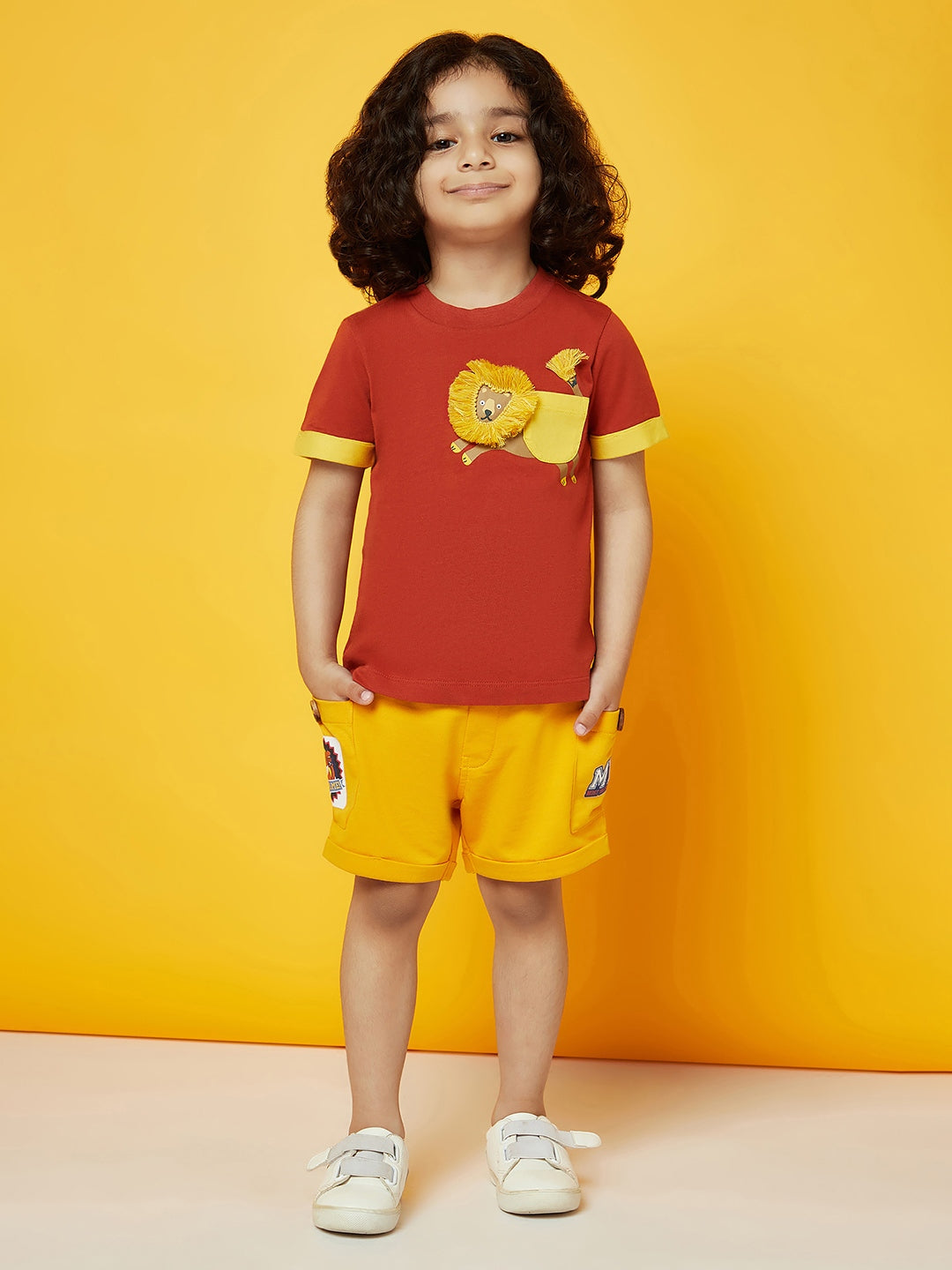 Kid Boys Printed Round Neck T Shirt and Yellow Pants Set Spunkies