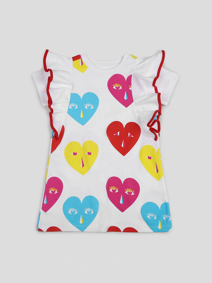 Girls' White Ruffle Sleeve Dress with Colorful Heart Faces