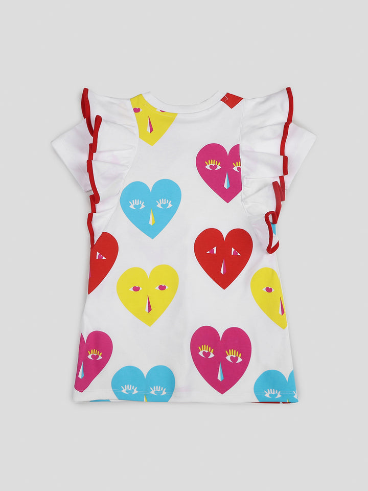 Girls' White Ruffle Sleeve Dress with Colorful Heart Faces