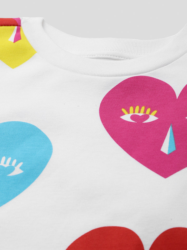Girls' White Ruffle Sleeve Dress with Colorful Heart Faces