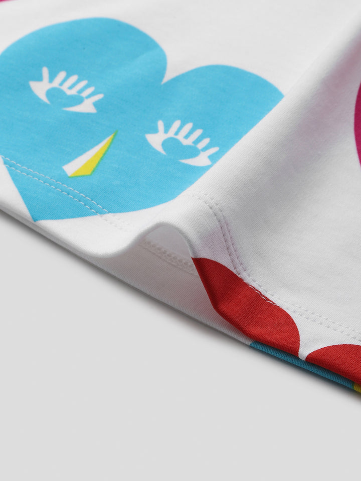 Girls' White Ruffle Sleeve Dress with Colorful Heart Faces