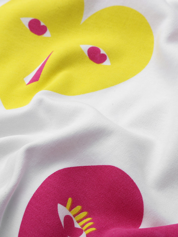 Girls' White Ruffle Sleeve Dress with Colorful Heart Faces