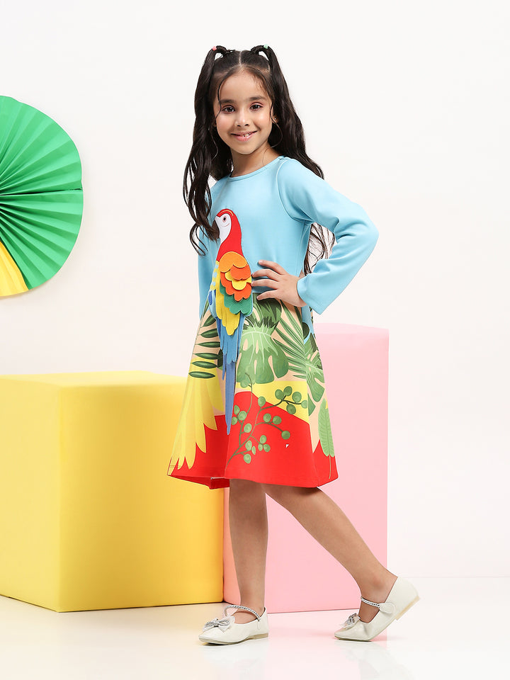 Blue Parrot Graphic Printed Dress for Girls