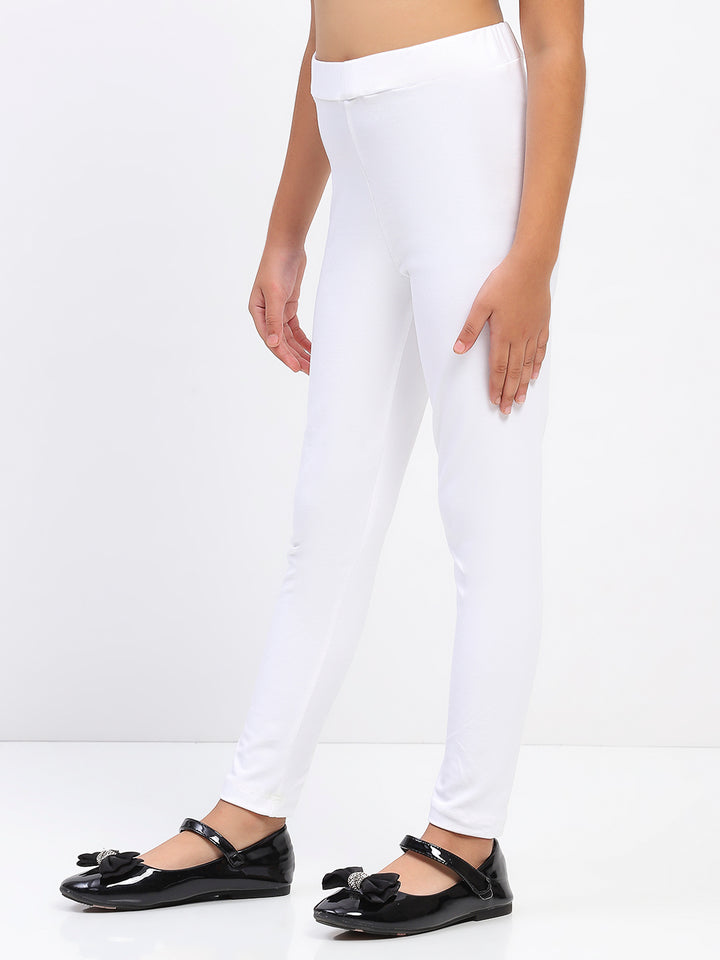 Girls Solid White Cotton Leggings