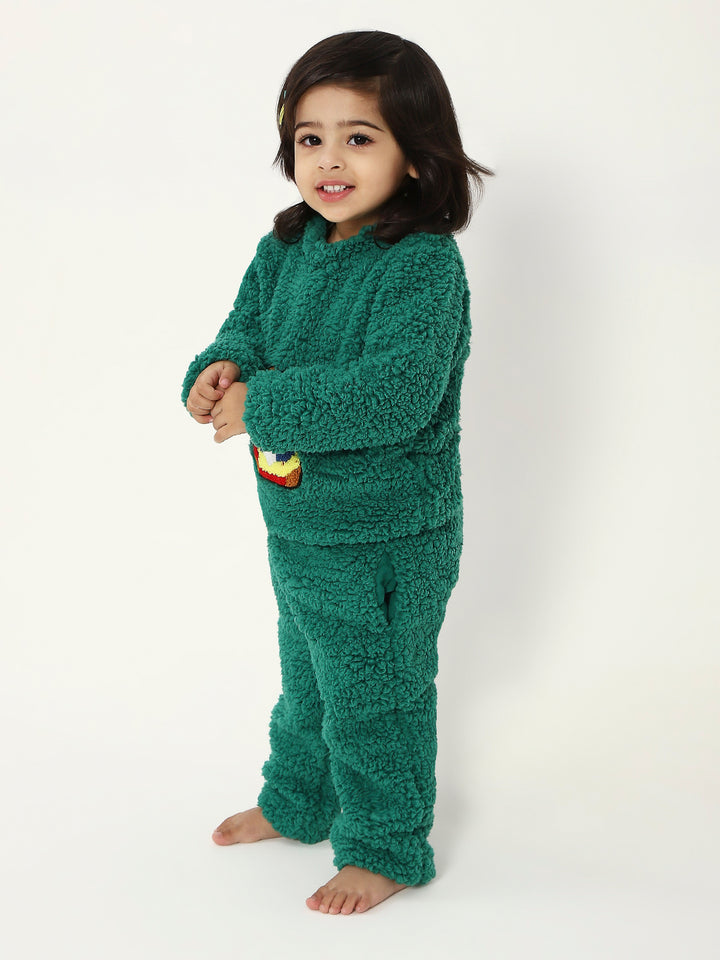 Green Teddy Embroidered Winter Fleece Co-ord Set for Kids