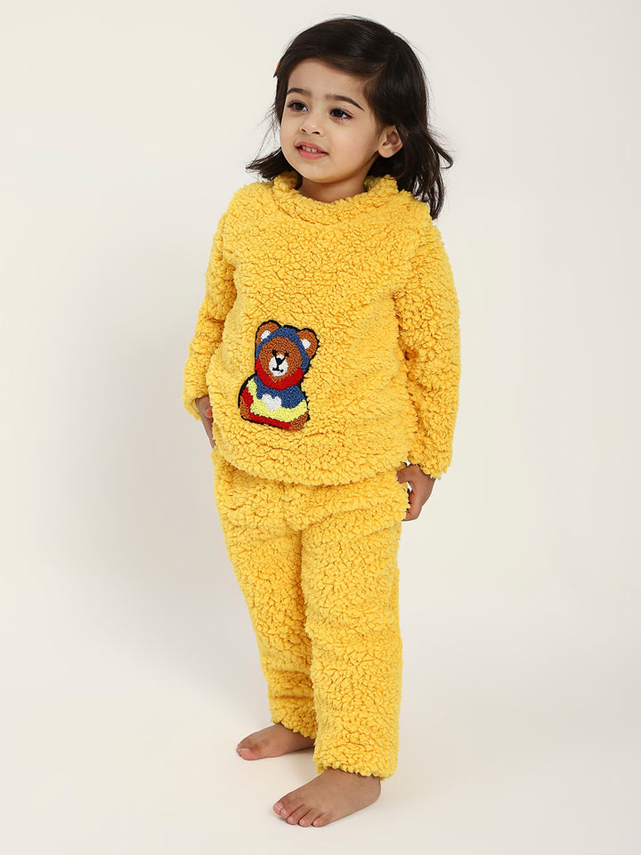 Yellow Teddy Embroidered Winter Fleece Co-ord Set for Kids
