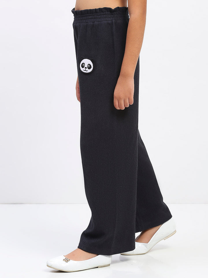 Girls Black Wide-Leg Pants with Panda Patch