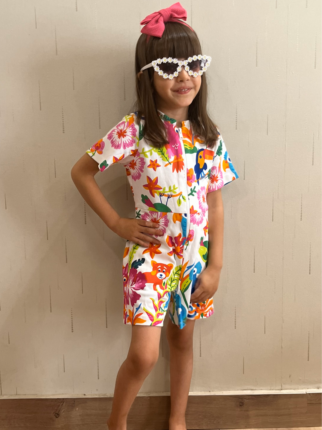 Girls' Tropical Print Short-Sleeve Romper