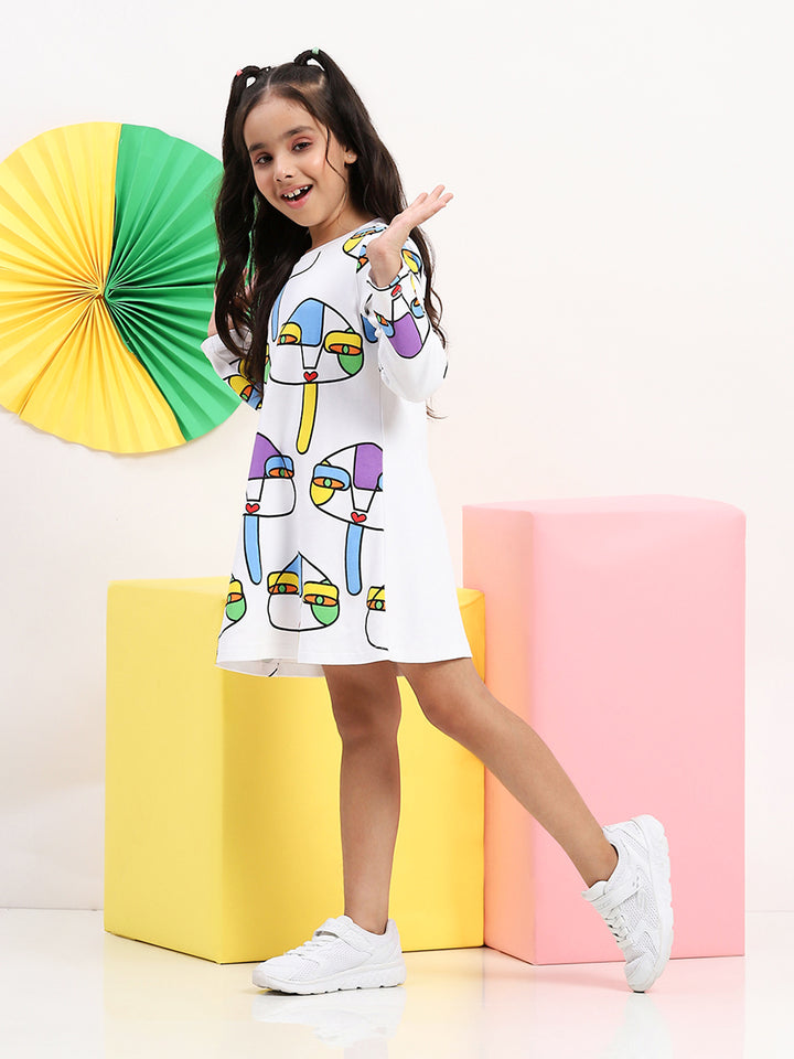 White Artistic Print A-Line Dress – Girls