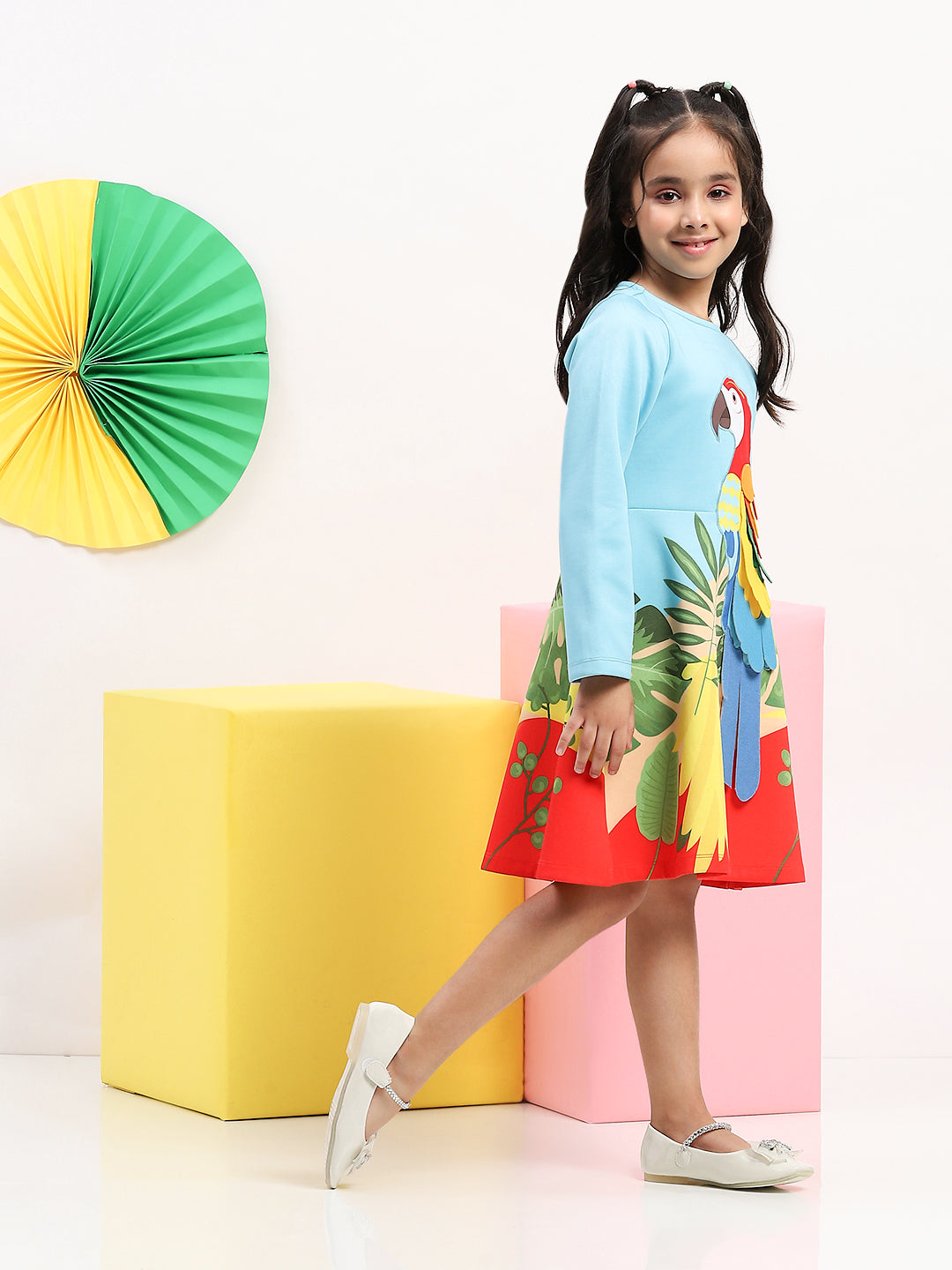 Blue Parrot Graphic Printed Dress for Girls