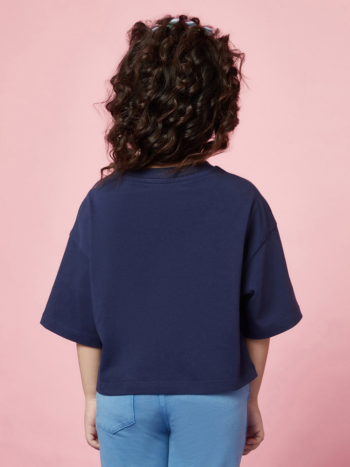 Kid Girl's Navy Blue Printed T-Shirt and Light Blue Pants Set