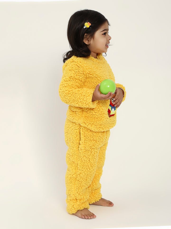 Yellow Teddy Embroidered Winter Fleece Co-ord Set for Kids