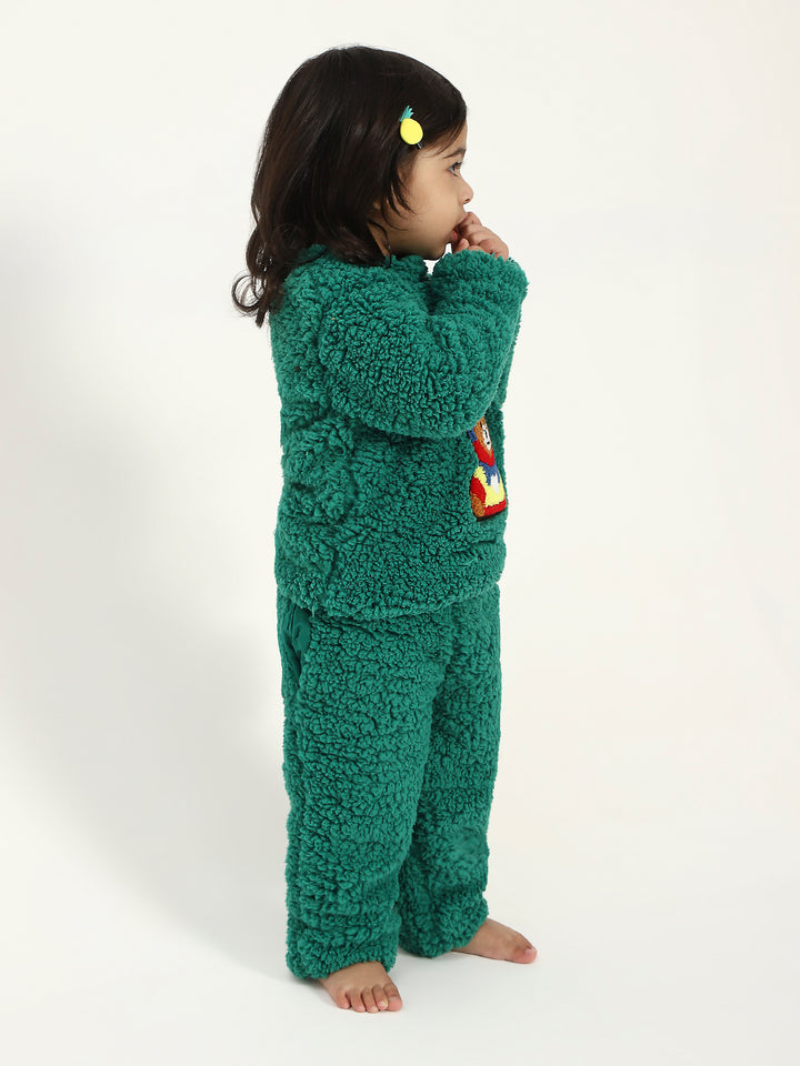 Green Teddy Embroidered Winter Fleece Co-ord Set for Kids