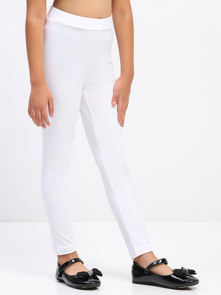 Girls Solid White Cotton Leggings
