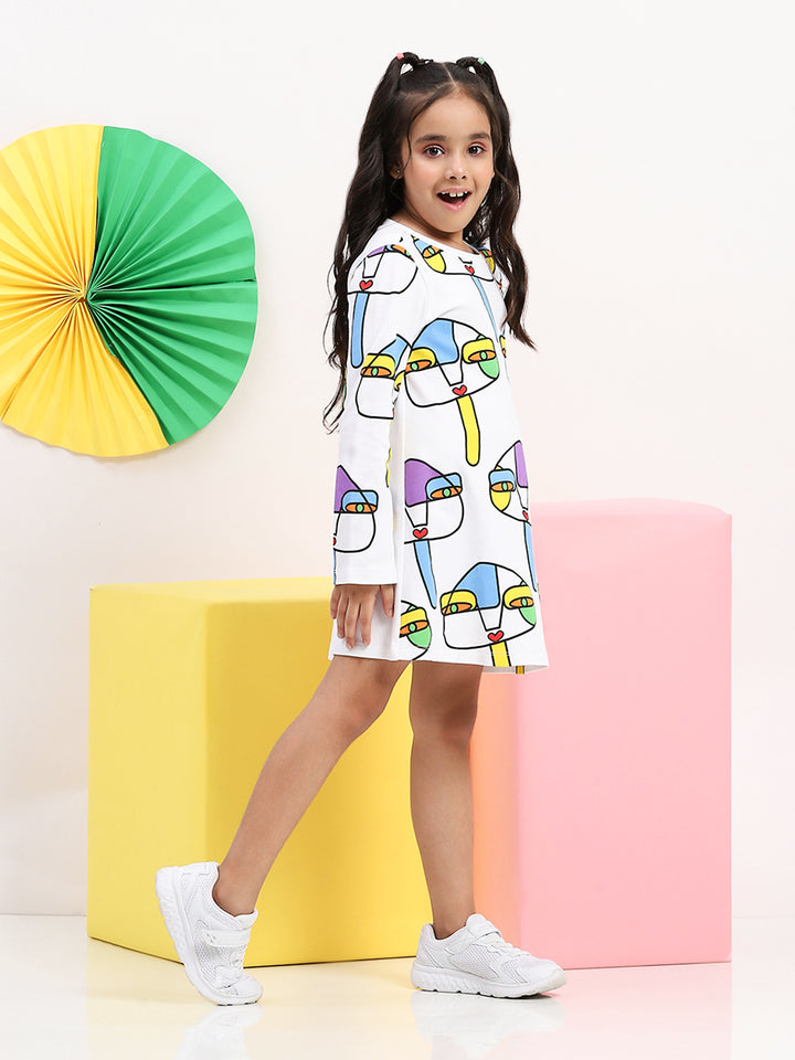 White Artistic Print A-Line Dress – Girls