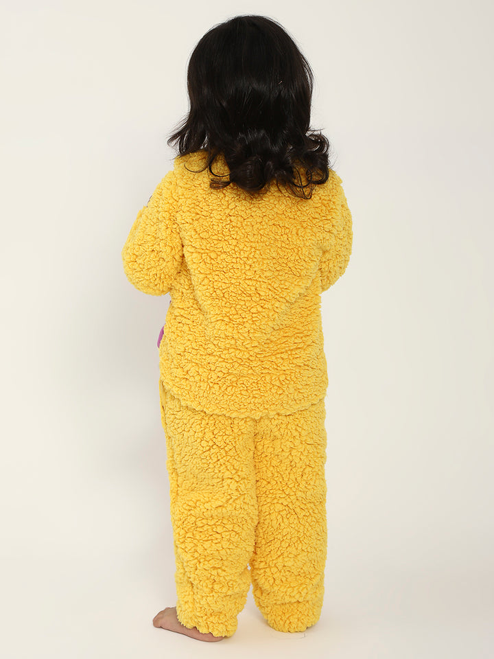 Yellow Teddy Embroidered Winter Fleece Co-ord Set for Kids