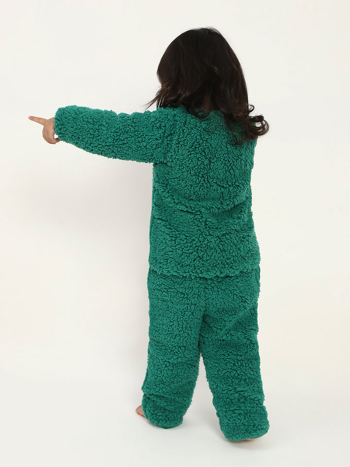 Green Teddy Embroidered Winter Fleece Co-ord Set for Kids
