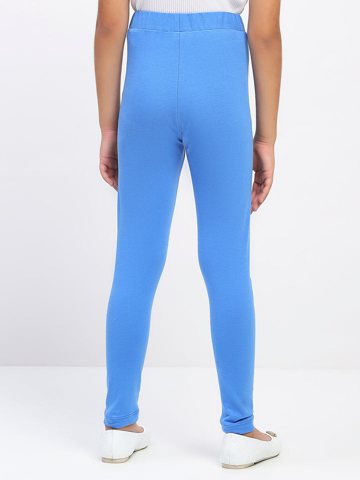 Girls Solid Blue Cotton Leggings