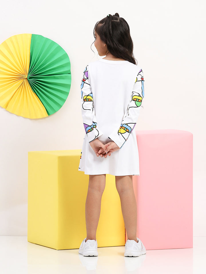 White Artistic Print A-Line Dress – Girls
