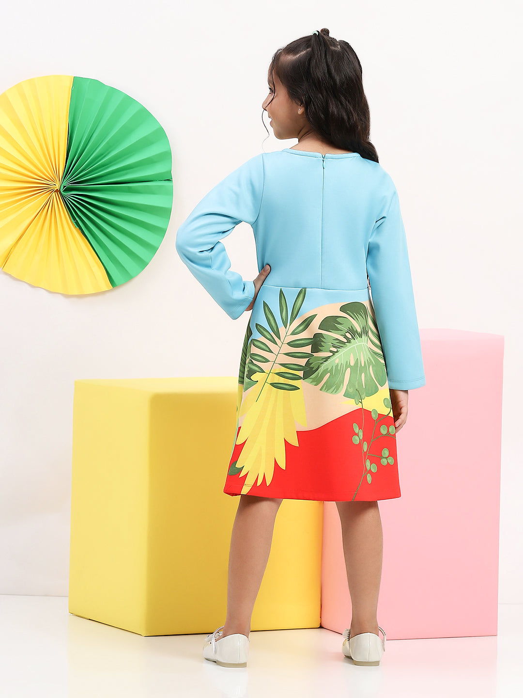Blue Parrot Graphic Printed Dress for Girls