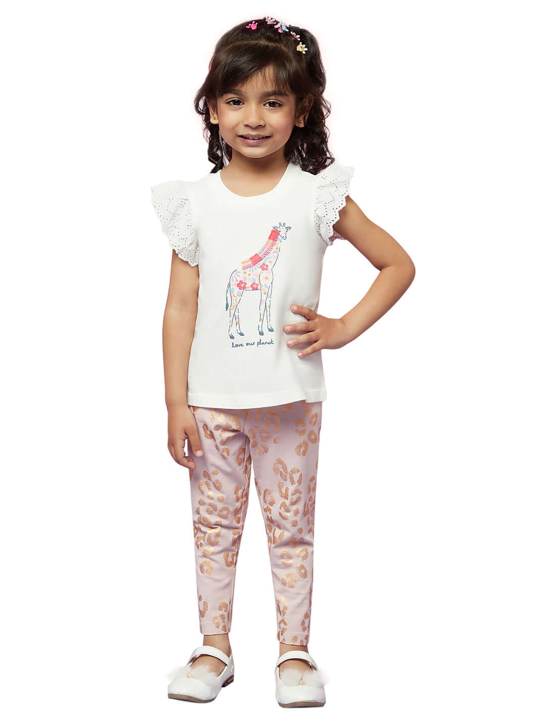 Kid Girls' Playful Giraffe Print with Ruffle Sleeves and Pink Pants