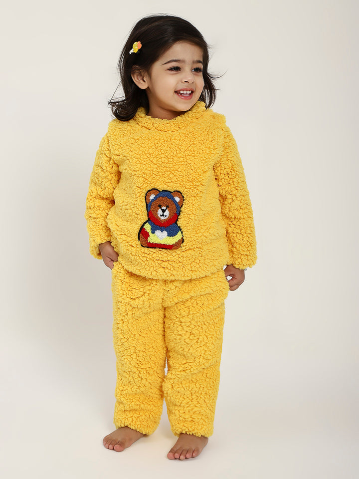 Yellow Teddy Embroidered Winter Fleece Co-ord Set for Kids
