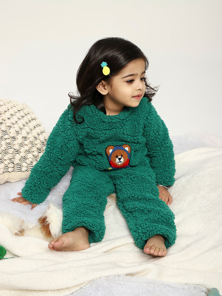 Green Teddy Embroidered Winter Fleece Co-ord Set for Kids