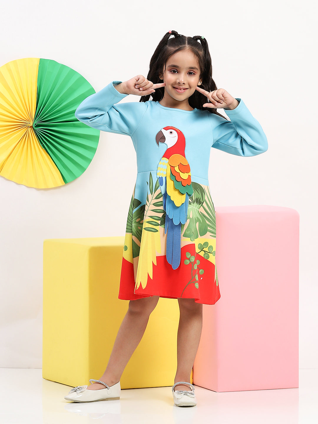Blue Parrot Graphic Printed Dress for Girls