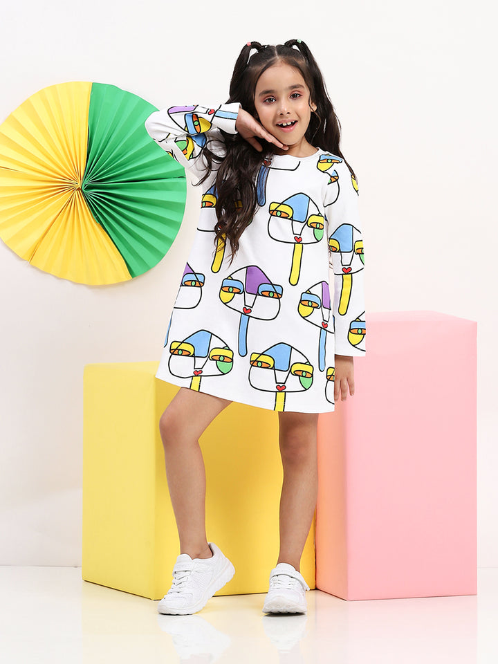 White Artistic Print A-Line Dress – Girls