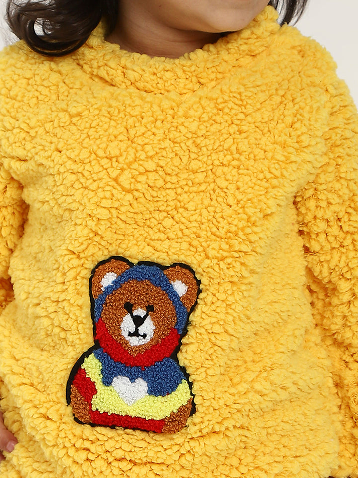 Yellow Teddy Embroidered Winter Fleece Co-ord Set for Kids