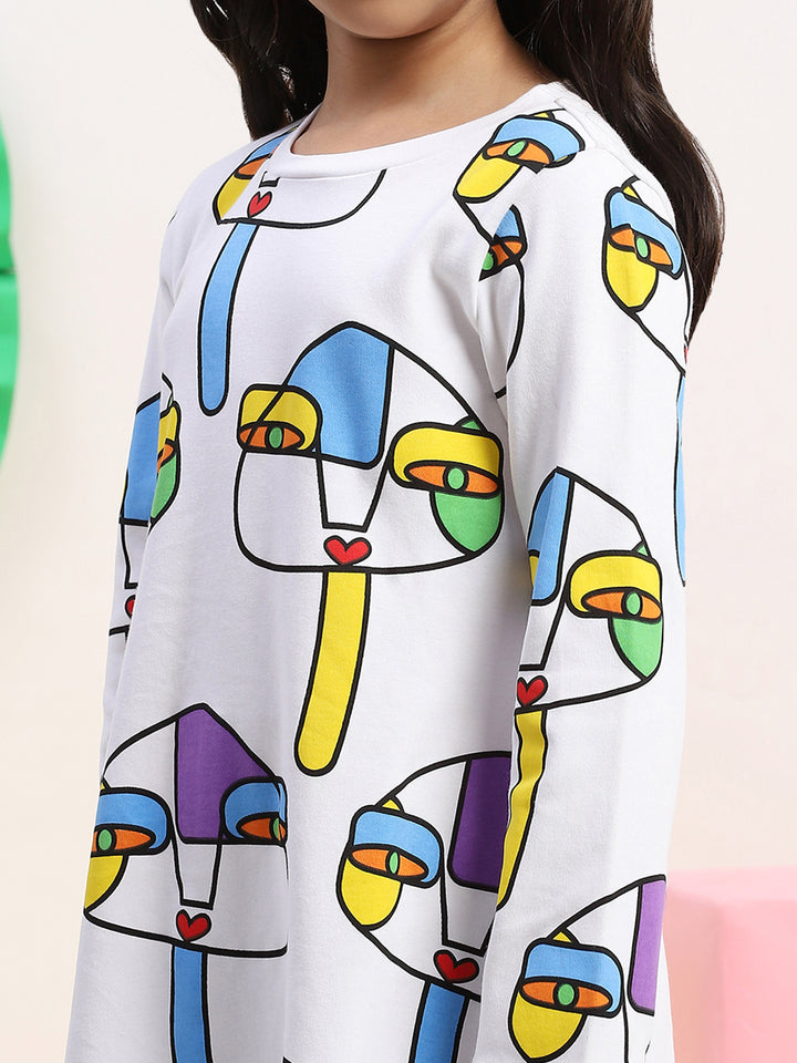 White Artistic Print A-Line Dress – Girls