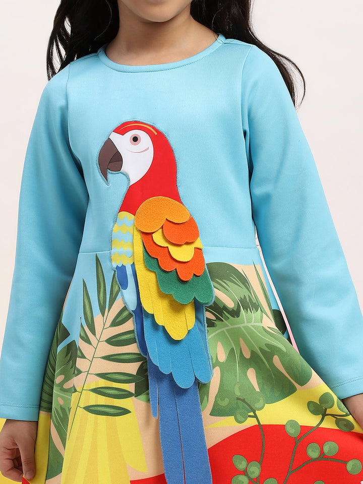 Blue Parrot Graphic Printed Dress for Girls
