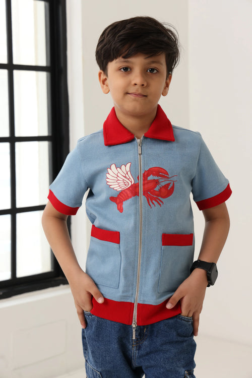 Spunkies Boys Blue Cotton Zip Shirt with Graphic Design
