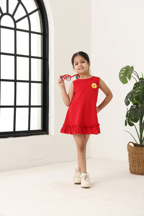 Red Cotton Sleeveless Ruffle Hem Dress