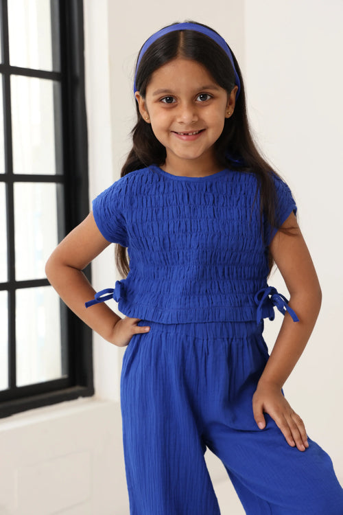 Spunkies Girls Blue Smocked Round Neck Sleeveless Top and Trousers Set