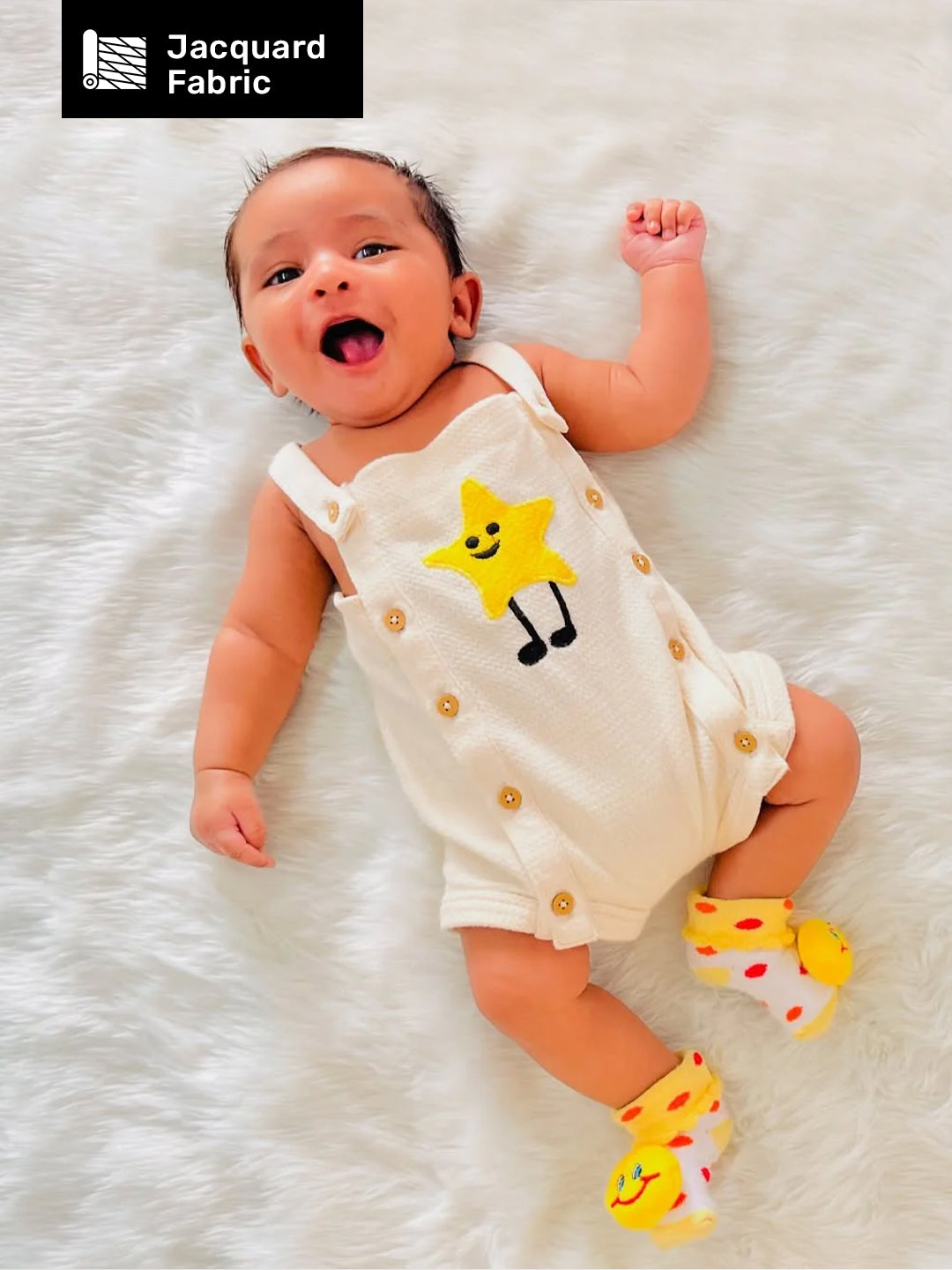 Spunkies Cotton Structure Jersey Knit Embroidered Patch Regular Casual Wear Romper Infant Sleeveless Off White Soft Fabric