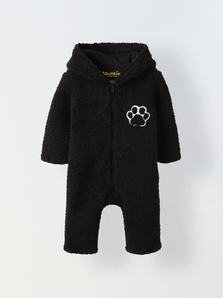 Infant Black Sherpa Bear Romper with Ear Details - Cozy & Adorable Hooded Outfit