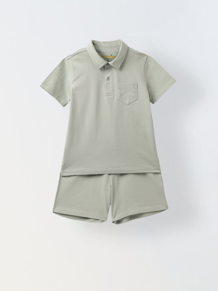 Mineral Grey Cotton Collar Neck Co-Ord Set For Boys