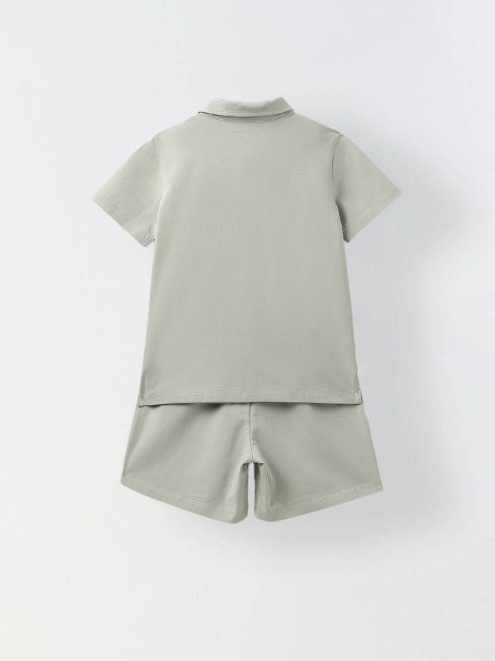 Mineral Grey Cotton Collar Neck Co-Ord Set For Boys