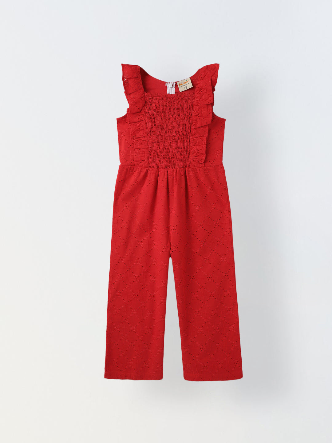 Girls Red Cotton Schiffli Ruffle Sleeve Jumpsuit