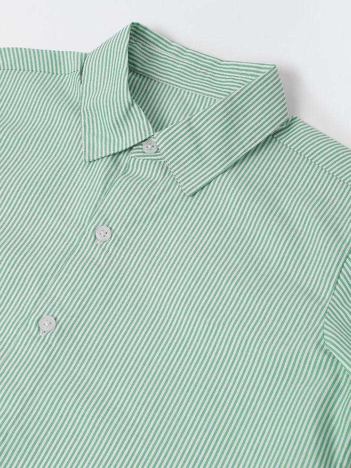 Cotton Green/White Stripe Shirt For Boys