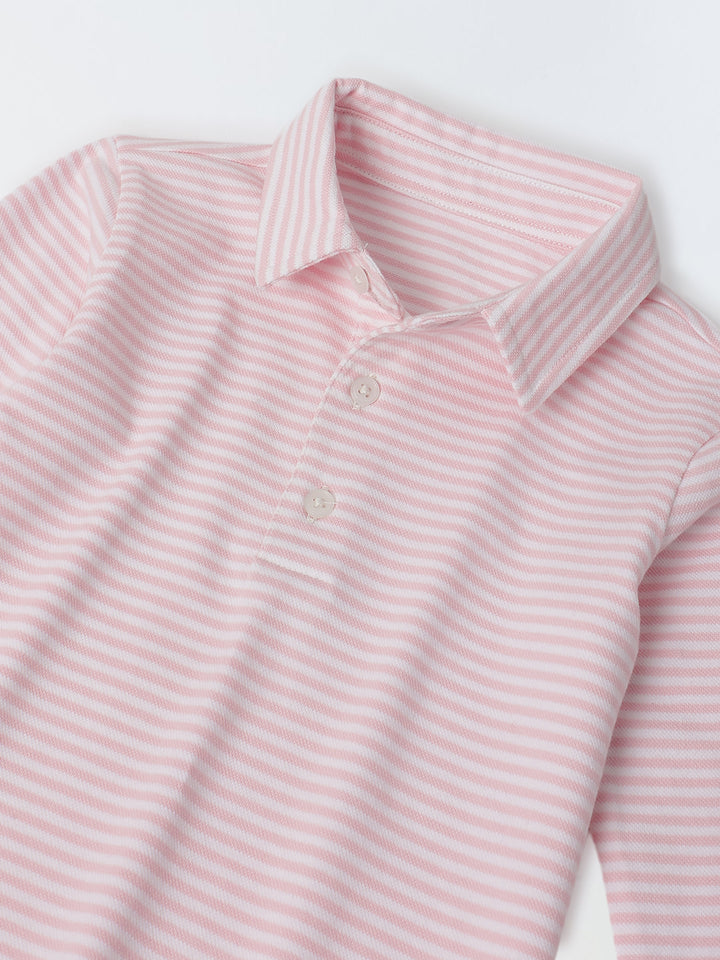 Boys Pink/White Collar Neck Striped Polo T-Shirt