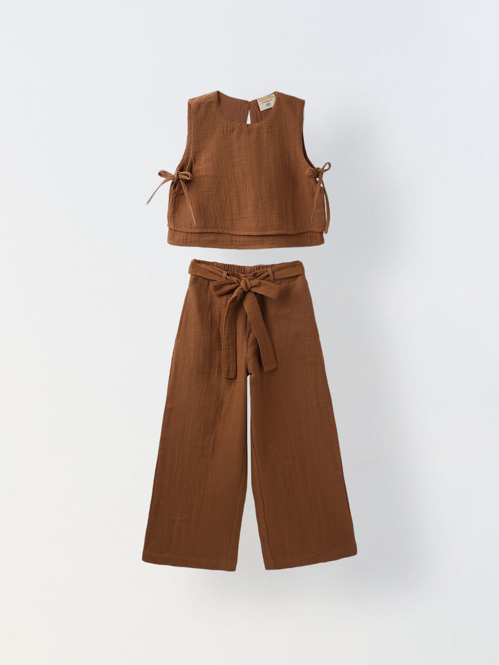 Girls Brown Cotton Round Neck Solid Co-Ord Set