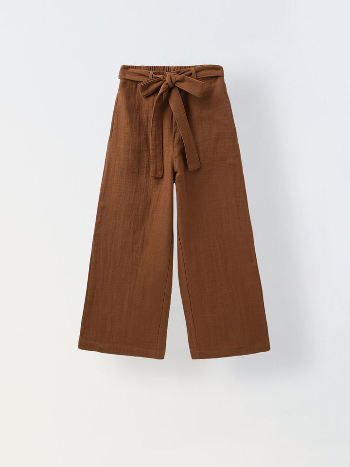 Girls Brown Cotton Round Neck Solid Co-Ord Set