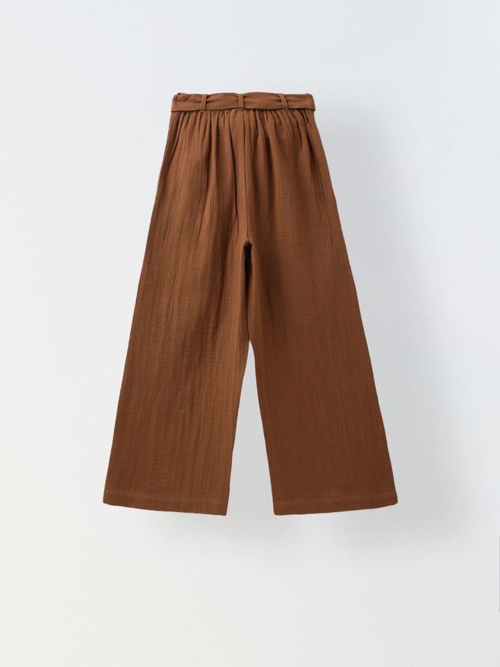 Girls Brown Cotton Round Neck Solid Co-Ord Set