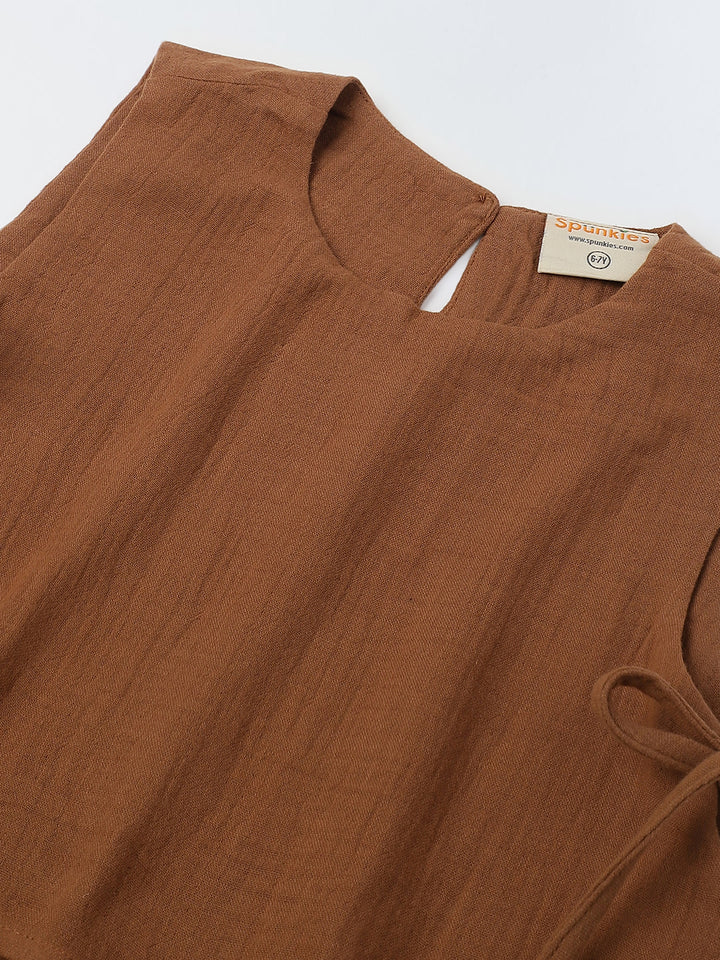 Girls Brown Cotton Round Neck Solid Co-Ord Set